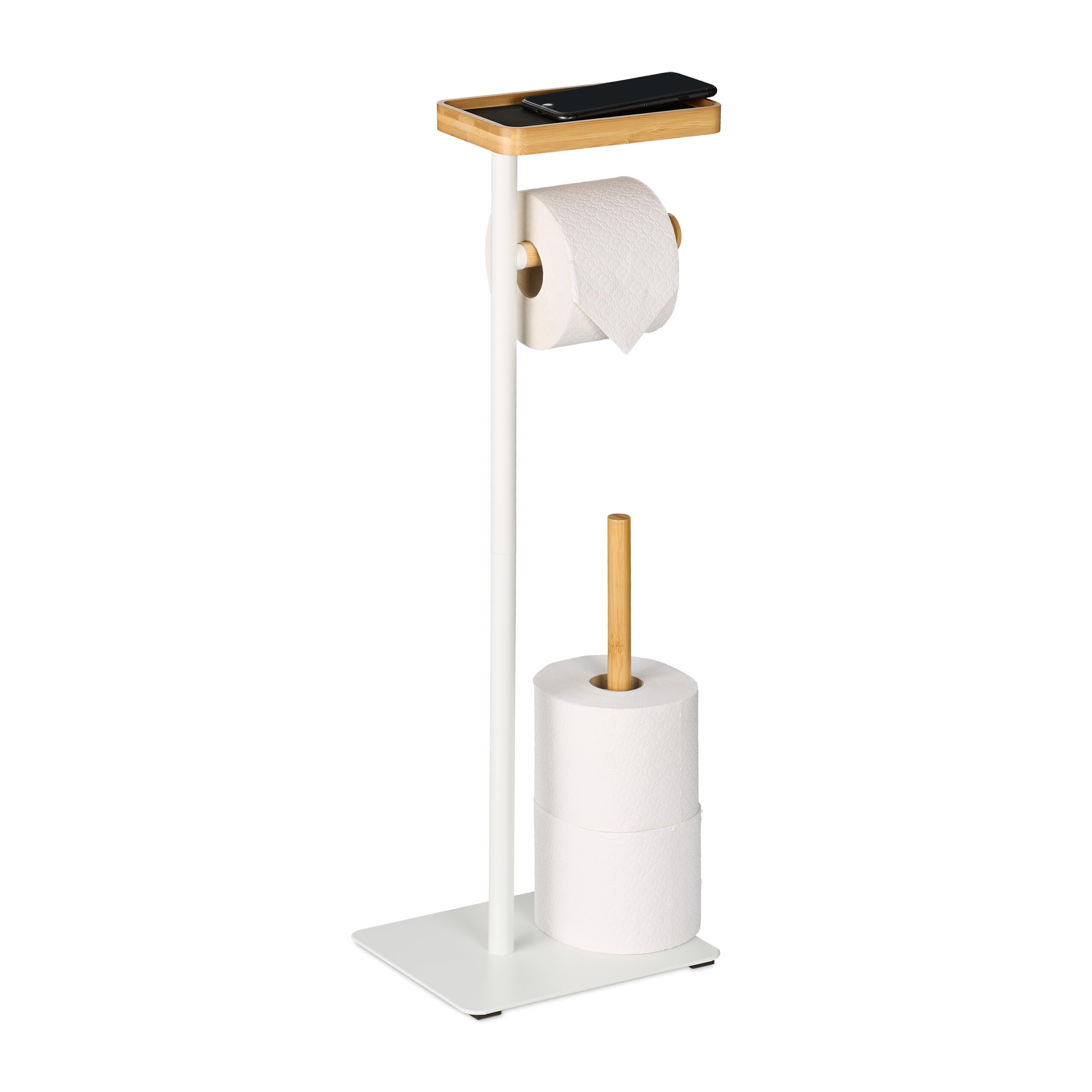 Relaxdays Support pour Votre Papier Toilette, Non Fixe, Fer et Bambou, Place pour Le téléphone, Blanc et Nature