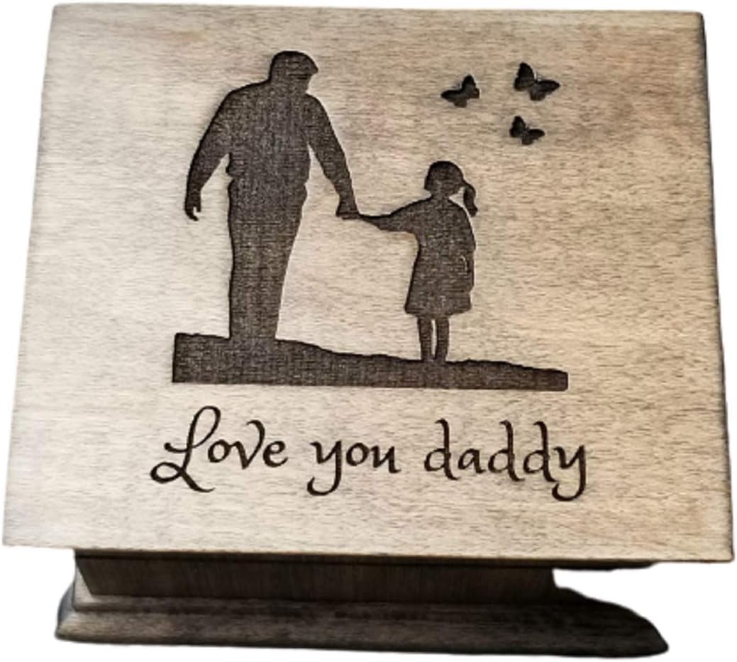 Wooden music box with a father and daughter image on the top, with your customized message on the bottom side of the box with your choice of color and song