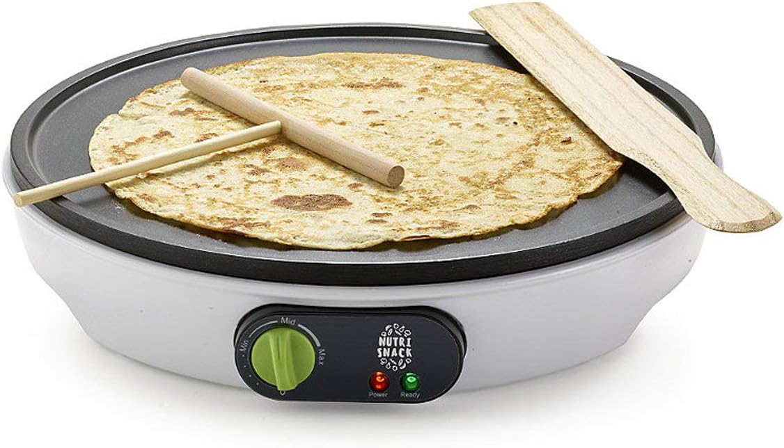 Premium Crepe and Pancake Maker 1000W I Includes Recipes, Wooden Spreader and Spatula I Non-Stick Cooking Plates I Automaitc Temperature Control - White/Black