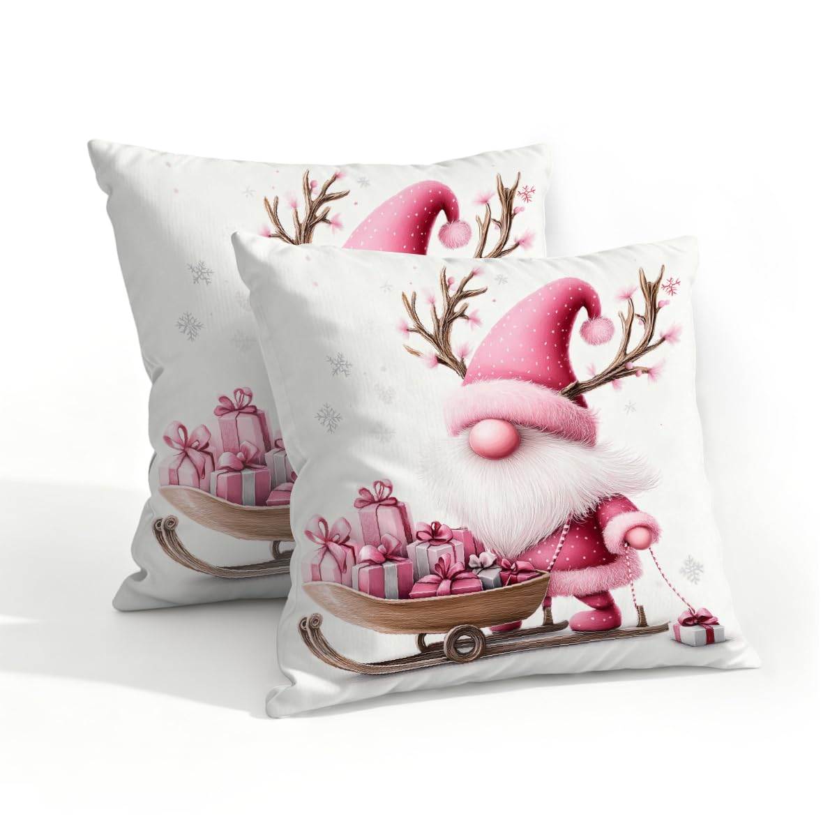 Outdoor Pillow Covers Waterproof Pillowcases 18x18IN Set of 2 Cute Pink Christmas Elk Santa Claus Sleigh Decorative Throw Cushion Case for Couch Sofa Garden Patio Furniture