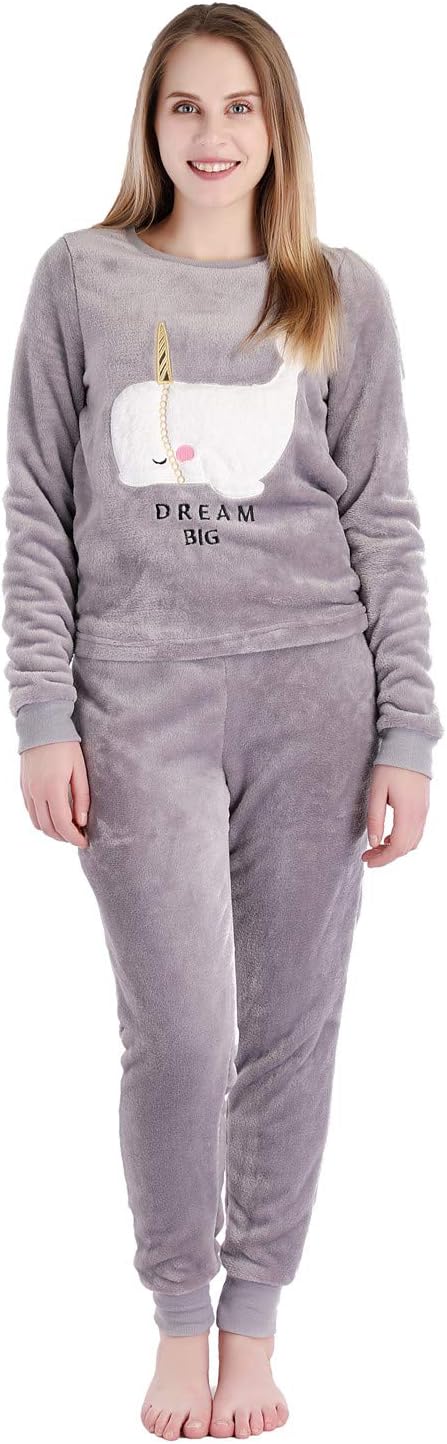 Dolcevida Women's Fleece Warm 2-Piece Long Sleeve Pajamas Set Winter Christmas Plush Loungwear PJ Set (L, Grey)