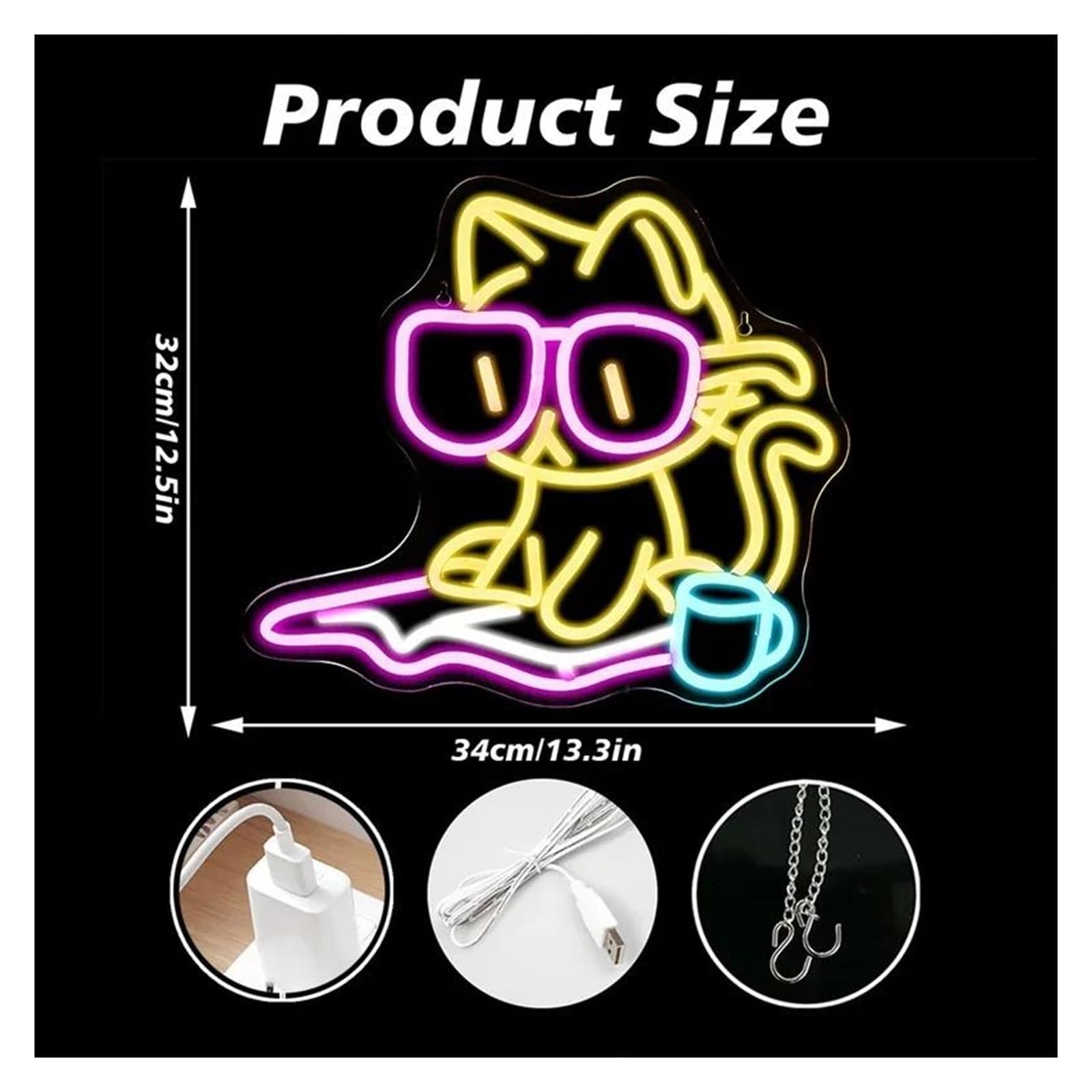 Luces de neón Letreros De Neón Con Diseño De Gato Leyendo Un Libro, Decoración De Pared Para Aula, Fiesta, Biblioteca, Sala De Lectura, Luz Regulable De 32х34cm