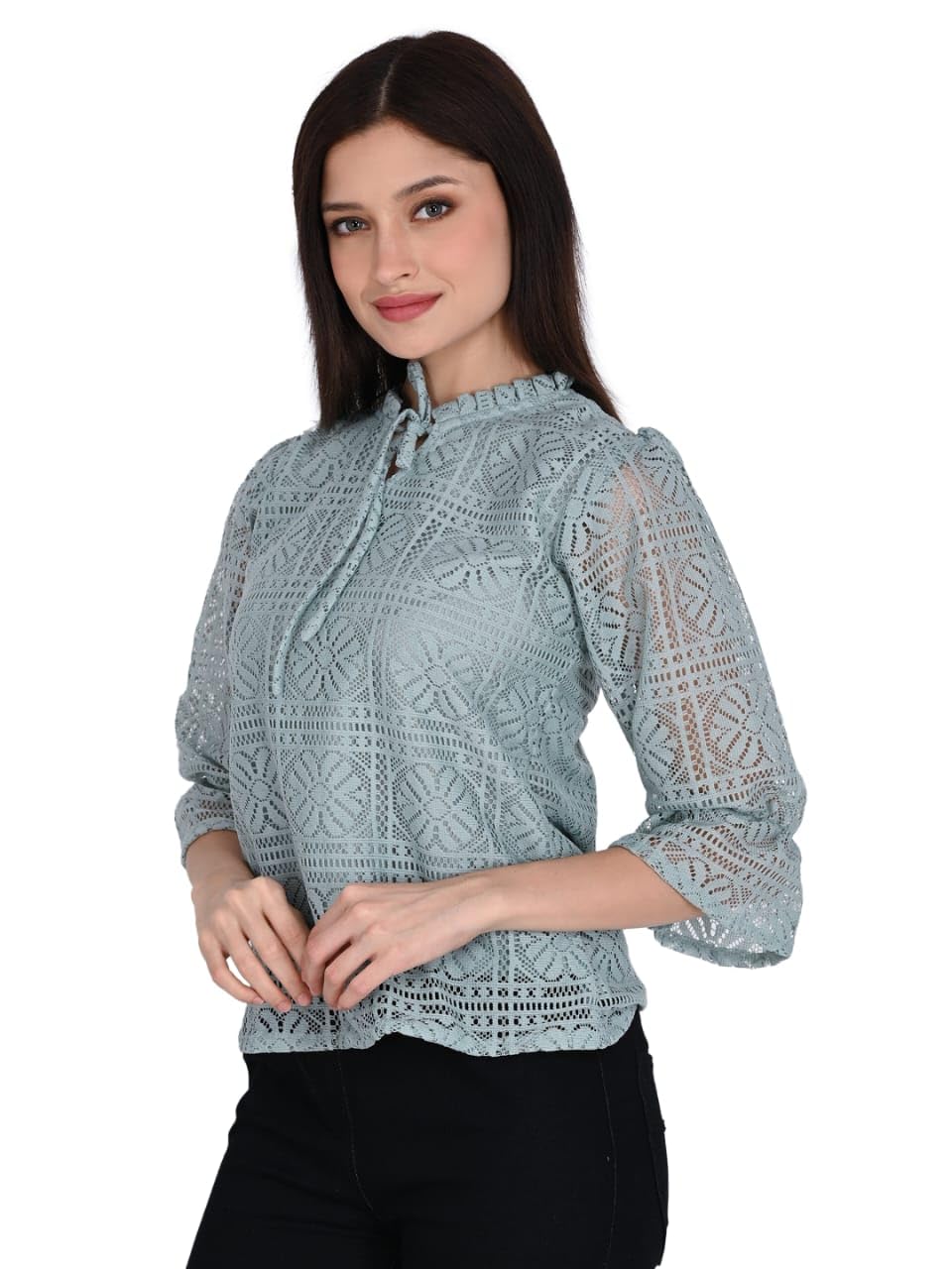 ORIEX THE ORIGINAL FASHION ORX-Girls tie up Neck Long Bishop Sleeves Knitted net top-141 (in, Age, 13 Years, 14 Years, Regular, Green) - Image 2 thumbnail