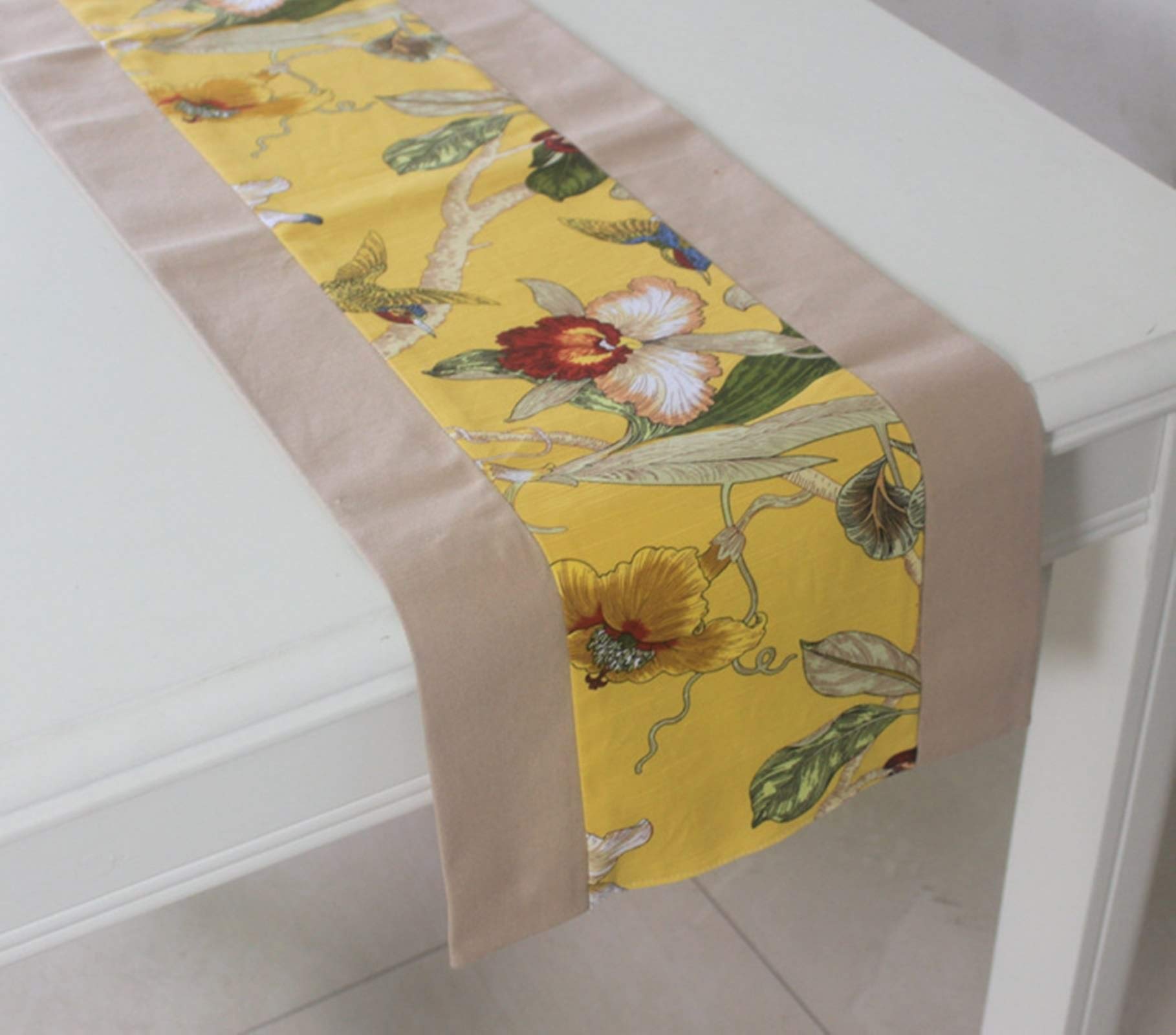 Runner da Tavolo, Runner Autunnale 200 Giallo Cachi Tela di Cotone Fiori e Uccelli Idilliaci Runner Tavola Decorazioni Autunnali 32x200cm