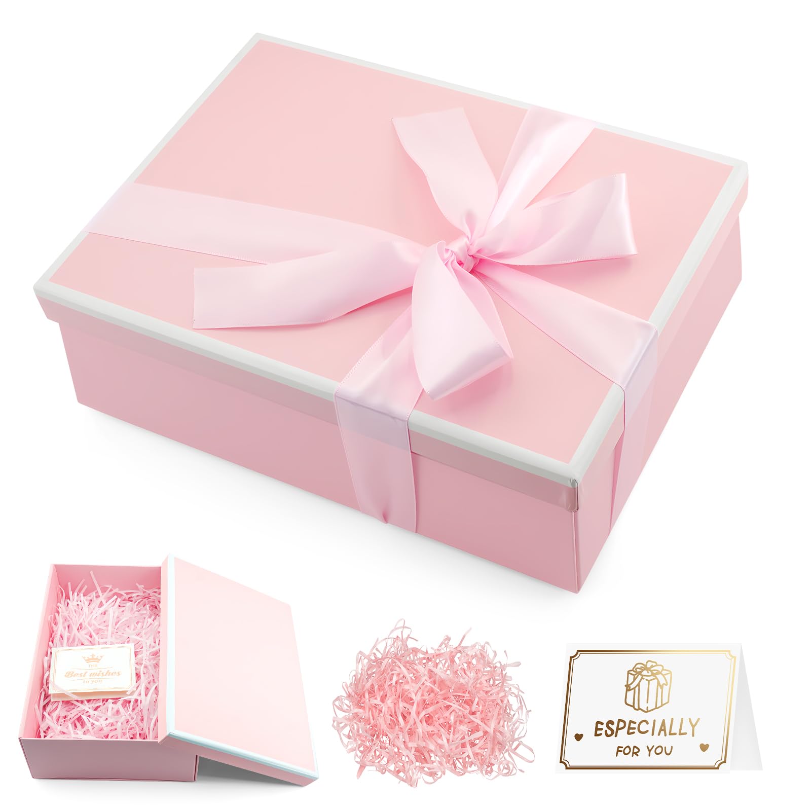 Pink Gift Box with Lid, 25x18x9cm Medium Cardboard Gift Box with Ribbon Card Shredded Paper, Foldable Present Box for Weddings, Valentines, Birthdays, Anniversaries (Pink)