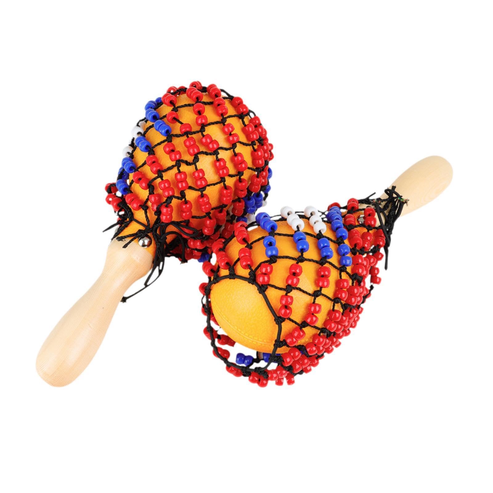 DYNWAVE 2x Wooden Maracas Sand Hammers DIY Bead Net Hand Percussion Musical Instrument for Birthday Performance KTV Gathering Concert