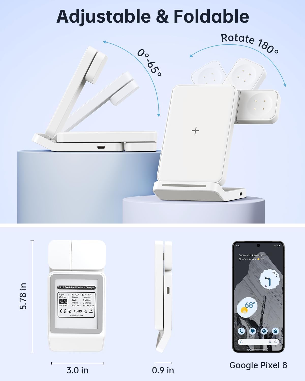 Upgarded 3 in 1 Foldable Wireless Charger for Google Pixel Watch 3/2, Charging Stand for Pixel 9 Pro/XL/9/8 Pro/8a /8/7 Pro/7a/7/6 Pro & Pixel Buds Pro 2(Not for Pixel 9 Pro Fold) with Adapter, White