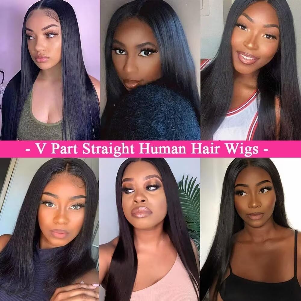 Parrucca Donna Human Hair V Part Straight Wig - 180% Density Glueless Upgrade Wear and Go U Part Capelli Veri Umani - 22 Pollici