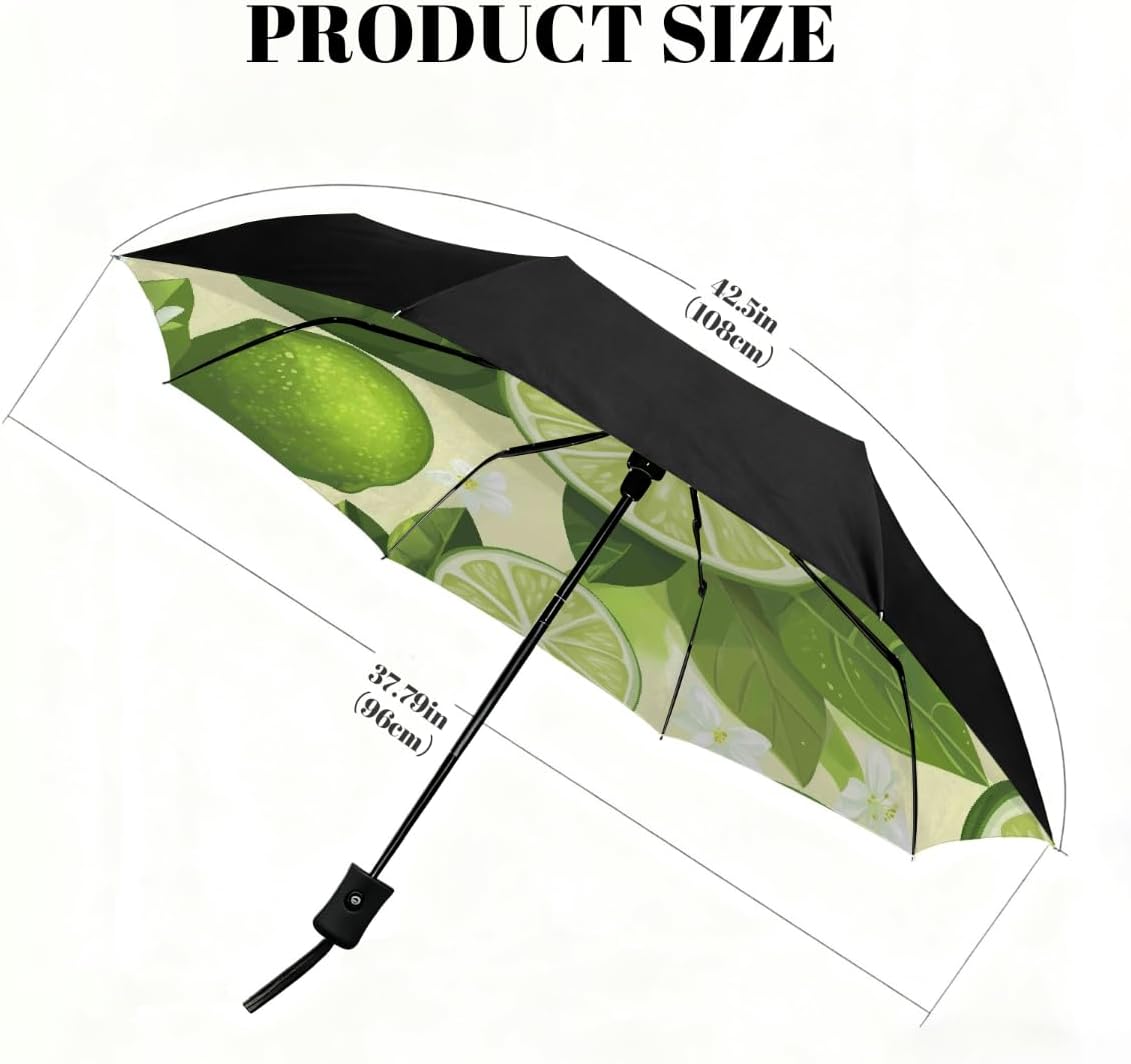 Green Lemon Leaf Flower Folding Umbrella Windproof Compact Lightweight Travel Umbrella with 8 Reinforced Ribs, Portable UV Sun & Rain Protection for Men & Women