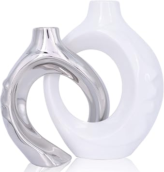 White and Silver Ceramic Vase Set of 2, Modern Donut Vases for Home Decor