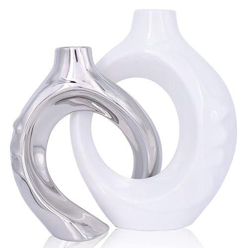 White Ceramic Vase Set of 2, White and Silver Round