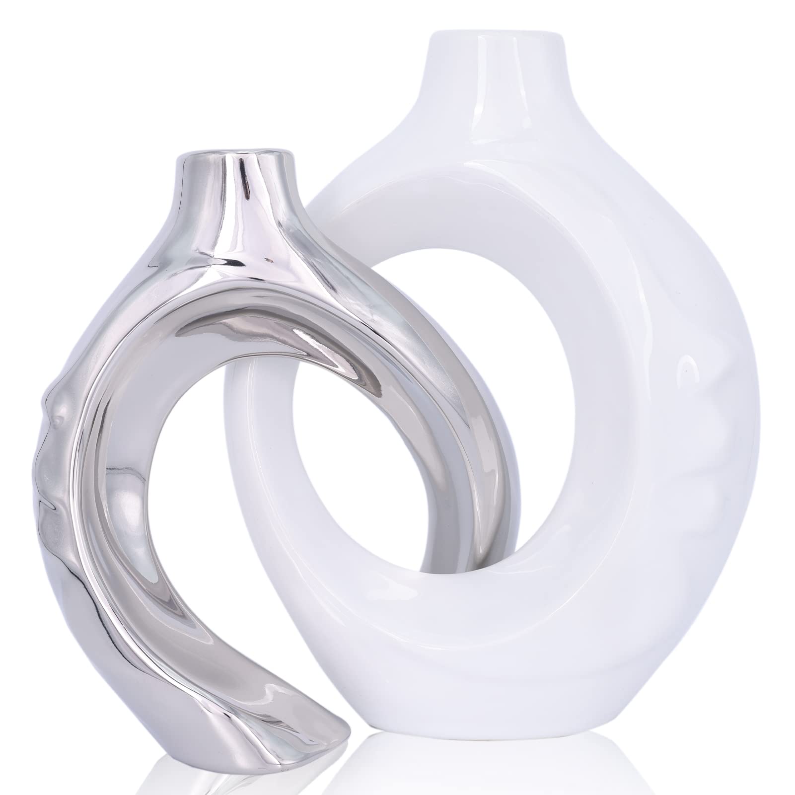 Juego de 2 jarrones de cerámica blanca y plateada, redondos de cerámica para decoración de sala de estar, estantería, chimenea, centro de mesa de comedor (blanco plateado)