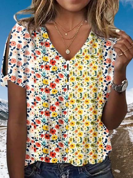 Women's Summer Floral Printed Cotton Shirt Casual V Neck Tank Tops Short Sleeve Loose Fit Blouses Smocked Shirts - Image 2