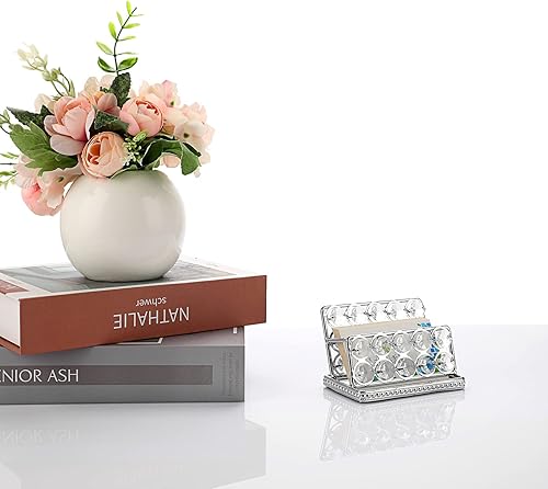 Miniatura 3 de Hipiwe Soporte para tarjetas de visita de cristal, soporte dorado con espejo para tarjetas de presentación, organizador de almacenamiento de