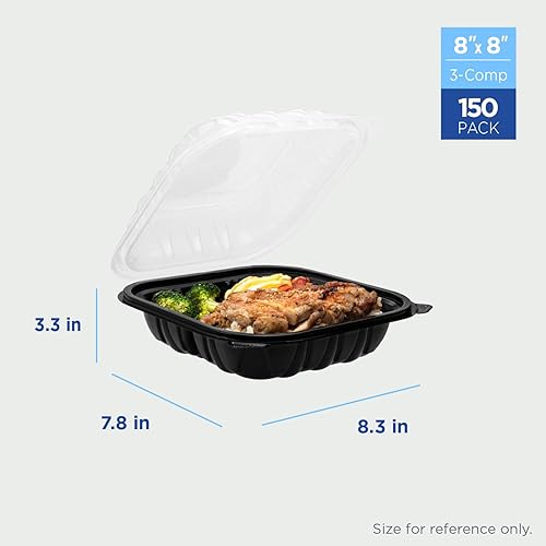Miniatura 3 de Karat Recipiente con bisagras de polipropileno de alta calidad, recipientes para alimentos para llevar, estuche (8 x 8 pulgadas, 3 compartimentos)