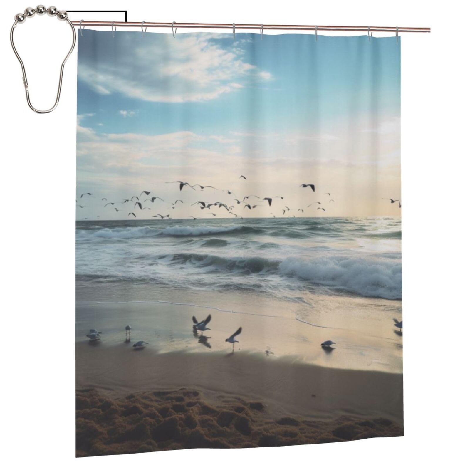 BWWHCCTI The Beach with Sea Birds Printed Shower Curtain With 12 Iron Hooks Opaque Quick Drying Waterproof Shower Curtains Sets For Bathroom 152x183 Cm