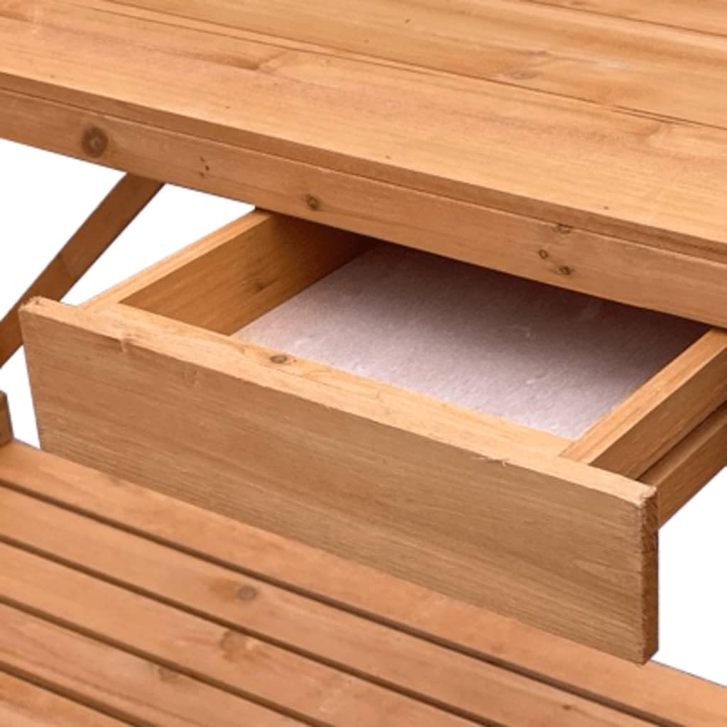 Ławka do doniczek z kratą brązową, 110 x 50 x 117 cm | lite drewno świerkowe, szuflada 33 x 24 x 5 cm, haczyki boczne, półka z listwami