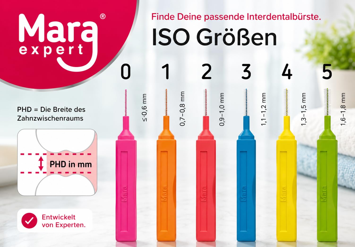 MARA EXPERT Brosses pour espaces interdentaires, fines, 0,5 mm, ISO 2, 6 x 32, rouges, brosses dentaires standard