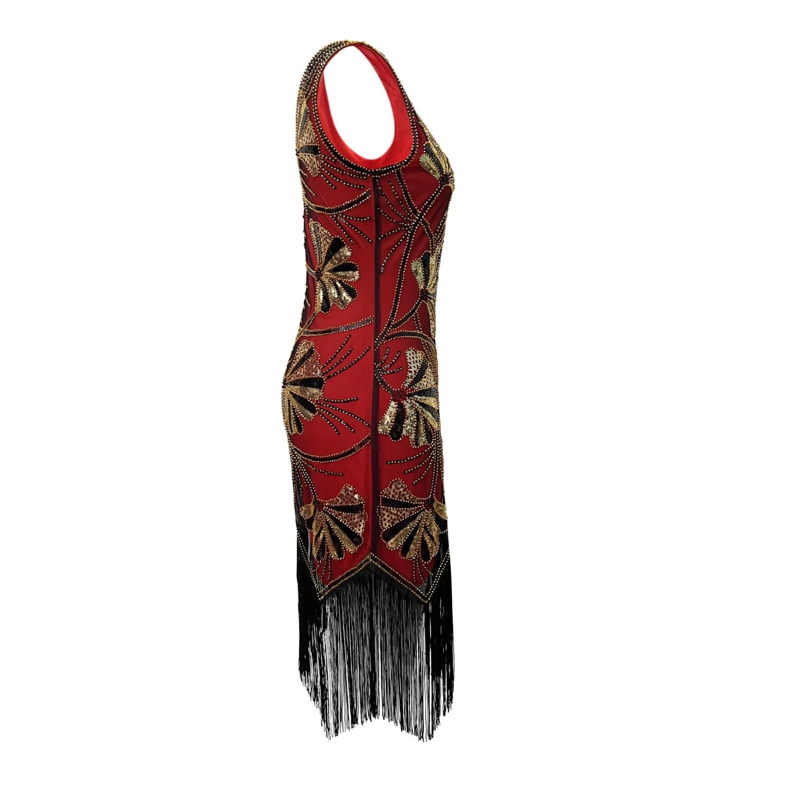 Générique Abito elegante con chiusura a scatto, stile retrò, senza maniche, scollo a V, con paillettes e frange, ideale per una festa o un costume da ballo.