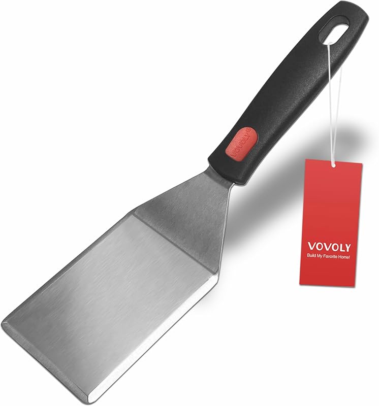 Espátula pequeña para sartenes de hierro fundido, mango de silicona de espiga completa, resistente al calor, volteador resistente de grado comercial, espátula para hamburguesas para aleta, cocinar, servir, 2.7 pulgadas de ancho