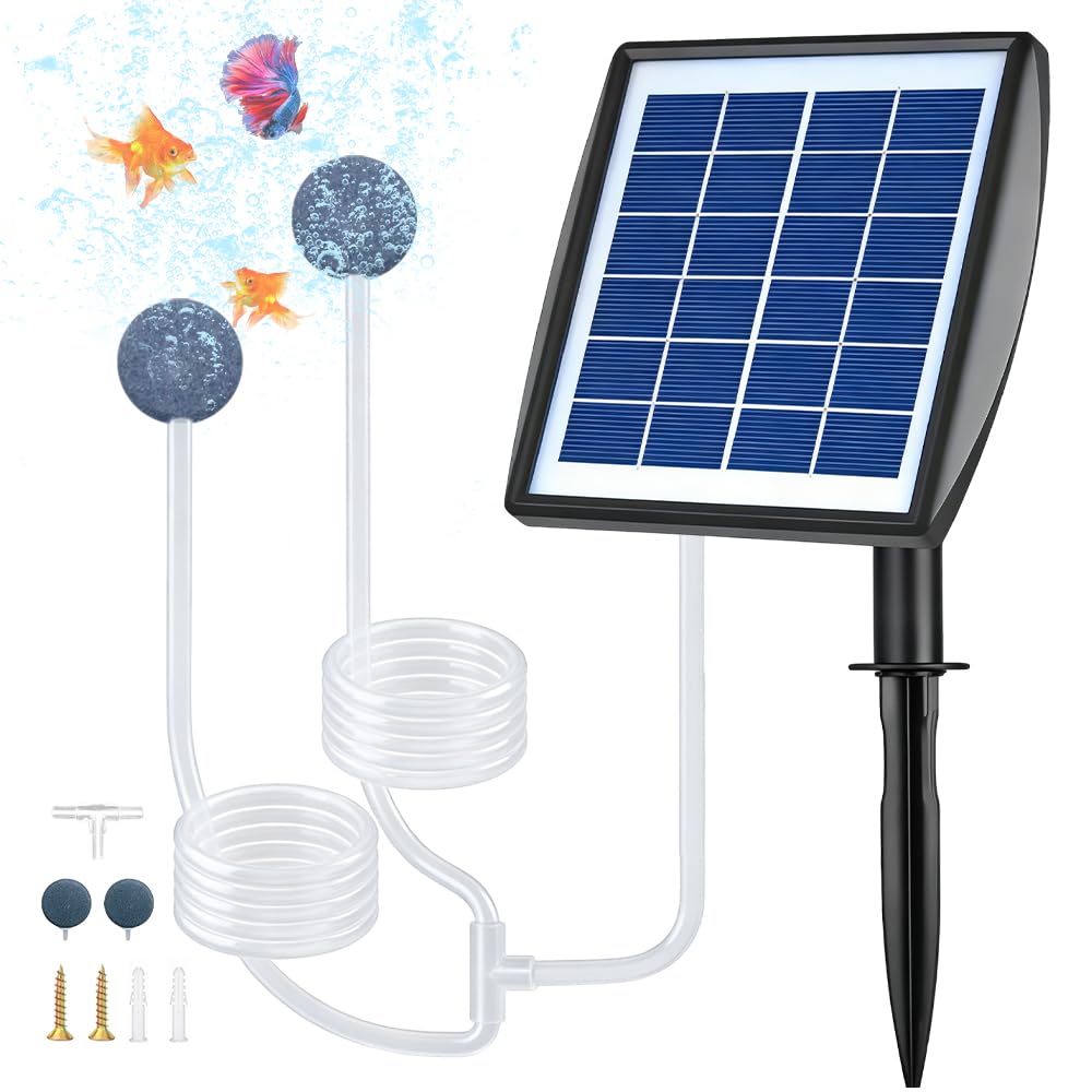 Ossigenatore per Laghetto, 2W Ossigenatore Laghetto con Batteria da 2200 mAh, 2 Mode Pompa Laghetto Solare con Pietra Aerea e Tubo, per Laghetti da Giardino, Pesca e Coltura Idroponica