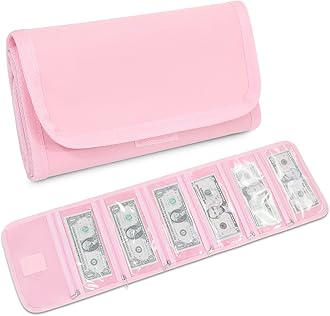 Money Wallet, Money Organizer for Cash with 6 Zippered Pockets, Multi Pack Cash Invoice Organizer Envelope Purse Money Bag Small Travel Money Holder for Budget/Receipt/Coupons/Tips, Pink, 4.25x8