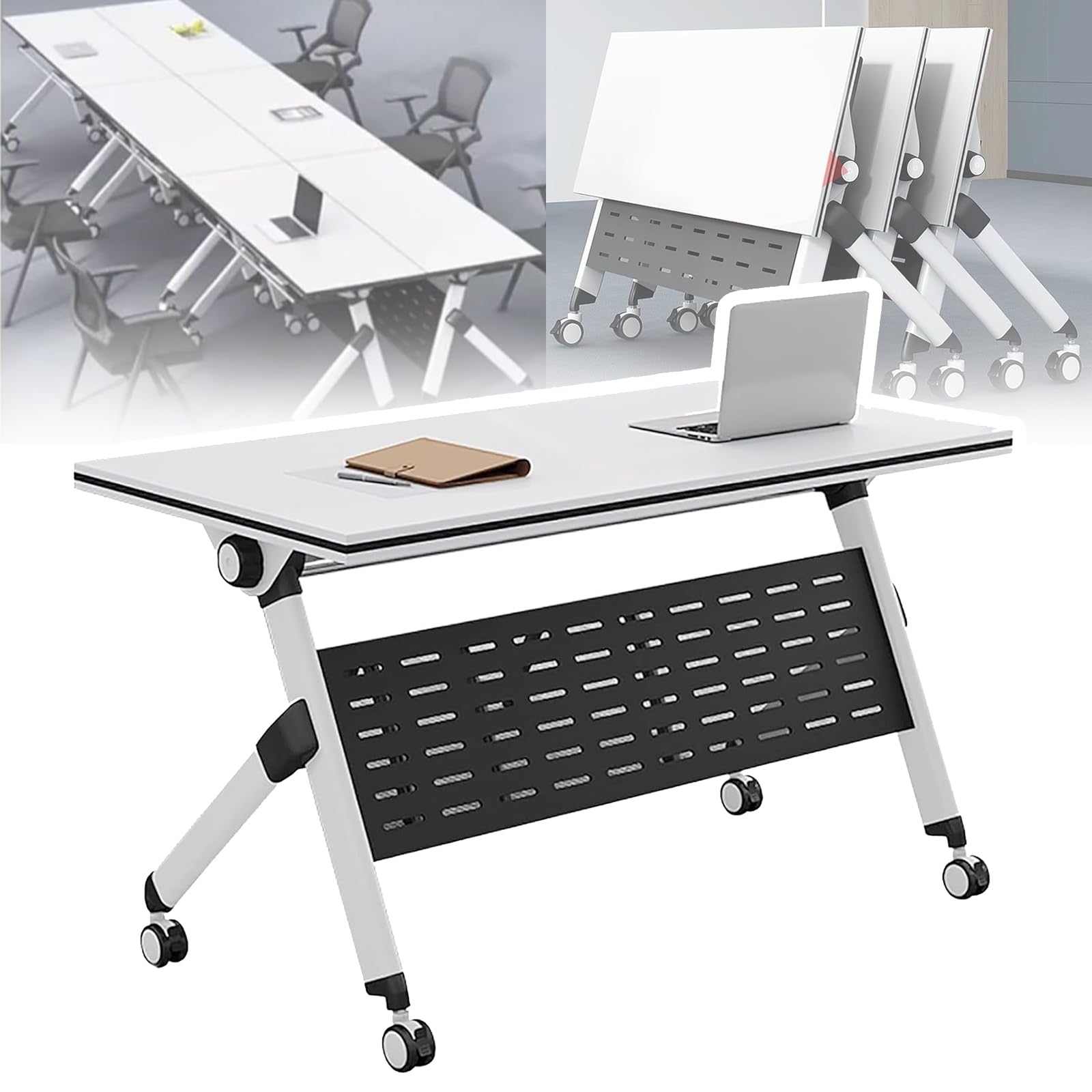 Htdre J Foldable Conference Table With Caster Wheels - Mobile Flip Top Training & Seminar Table For Meeting Rooms Rectangular Modular Design For Versatile Use Perfect For Conferences & Events