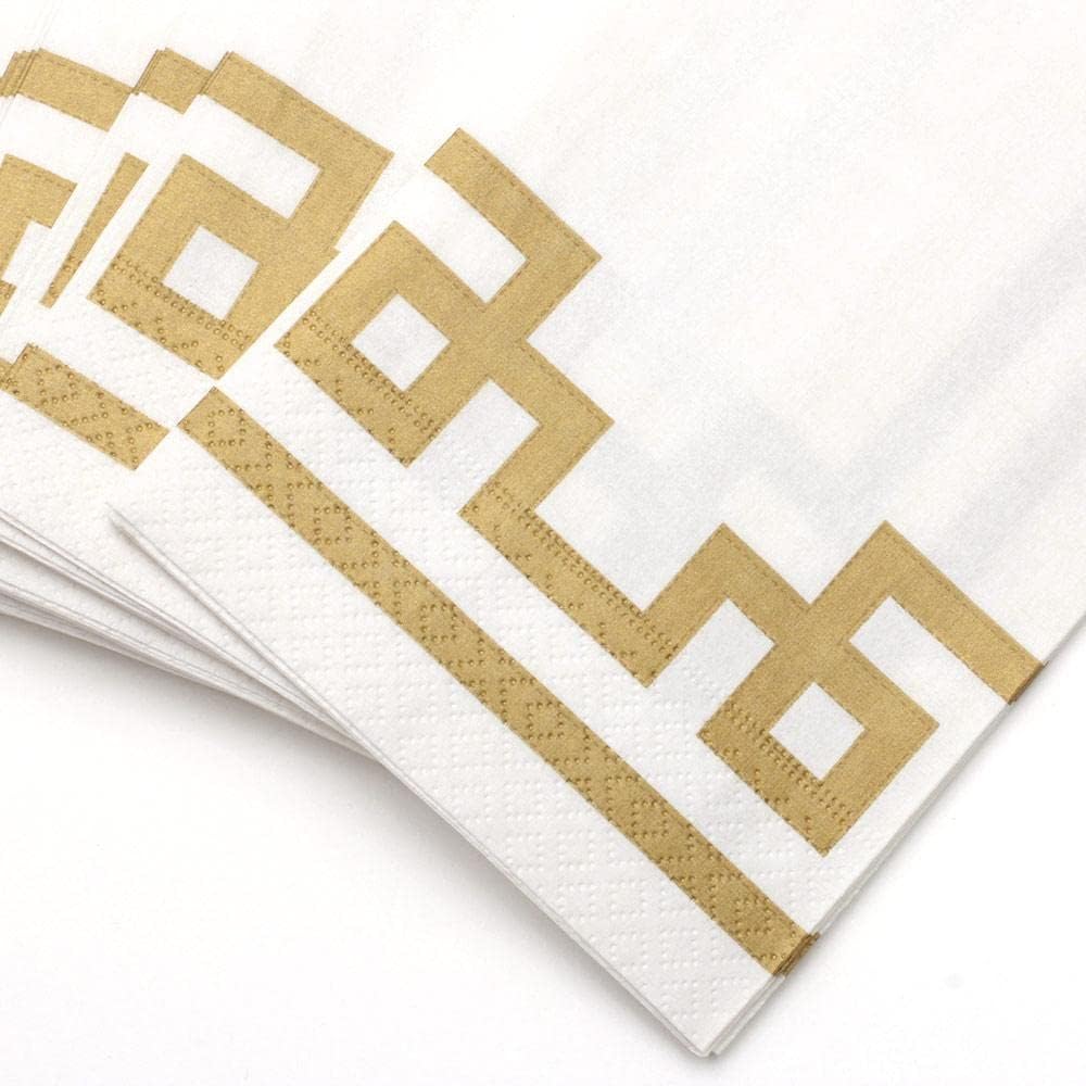 Caspari Rive Gauche Paper Guest Towel Napkins in Gold & White - Four Packs of 15