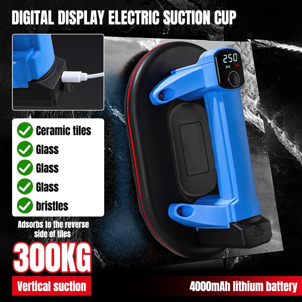 Ventosa a Batteria per Piastrelle con 1 × 2000 mAh (nero) | Ventosa extra forte 250 kg, elimina gli spazi d'aria e garantisce una posa piatta per piastrelle, vetro, marmo