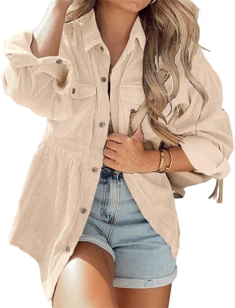 Womens Corduroy Peplum Shirts Tops Cute Long Sleeve Button Down Blouses with Pockets
