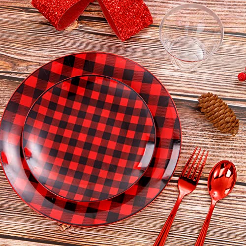 Nervure 150Pcs Red And Black Plastic Plates - Disposable Buffalo Plaid Plastic Plates - Plaid Christmas Plates Include 50Plates, 25Knives, 25Forks, 25Spoon, 25Cup For Party & Wedding #TOP7