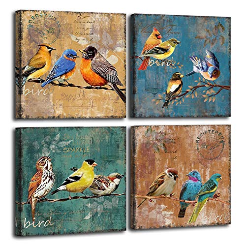 Mofutinpo Bird Canvas Wall Art for Bedroom 12 x 12 4 Pieces Rustic Wall Decor Animal Picture Framed Artwork Vintage Theme Prints Paintings Ready to Hang for Home Bathroom Kitchen Office Decorations
