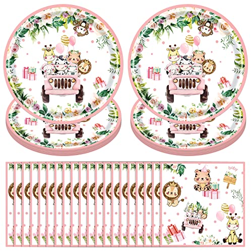 AINIUNIU Animali della Giungla Piatto Compleanno, Stoviglie per Feste di Compleanno Animali, 40 Pcs Wild One Animali della Giungla Piatti, 20 Tableware e 20 Tovaglioli, 20 Ospiti (Rosa)