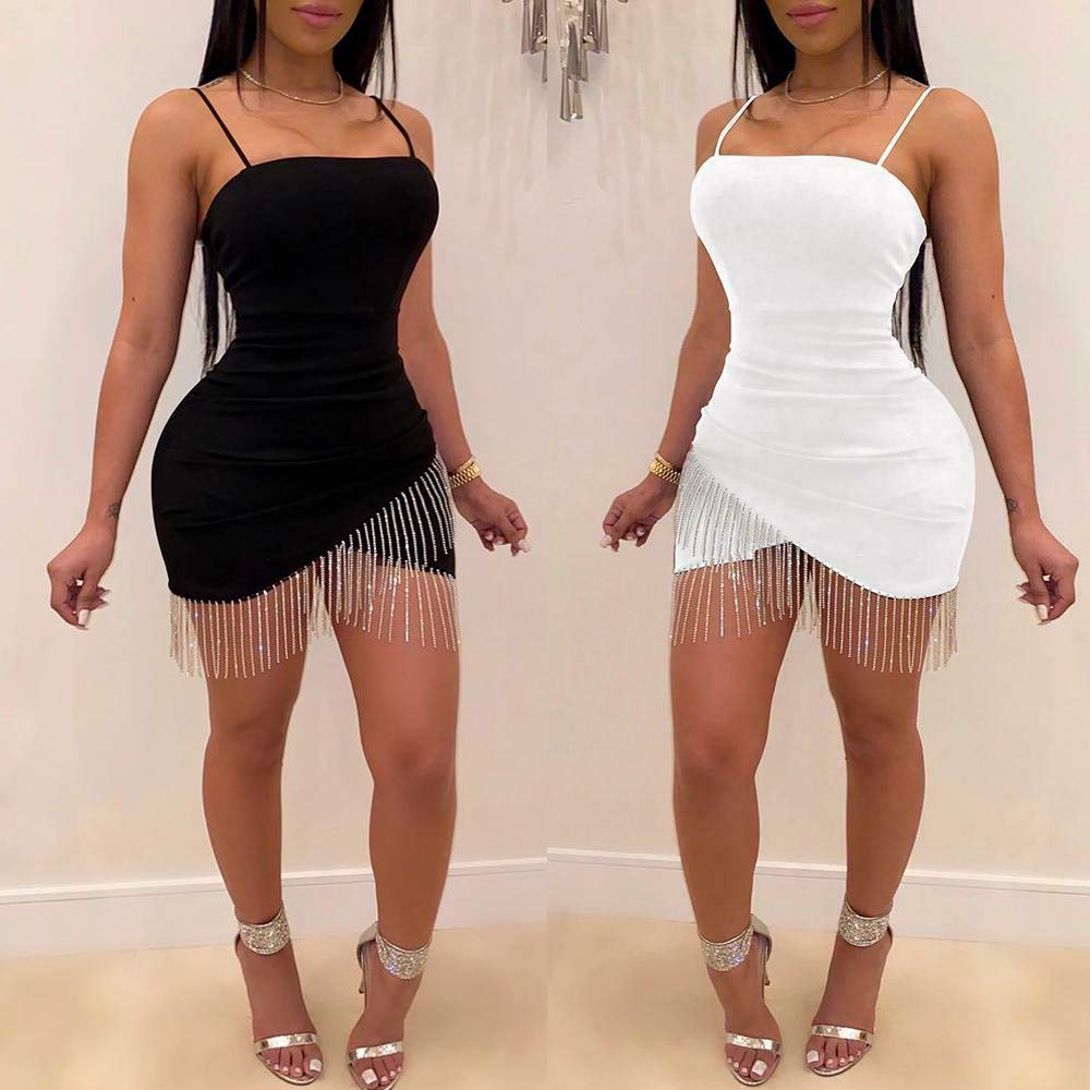 Loalirando Robe à Bretelle Femme Sexy Moulante Mini Robe Crayon Asymétrique Finition Franges Soirée Clubbing Cockail