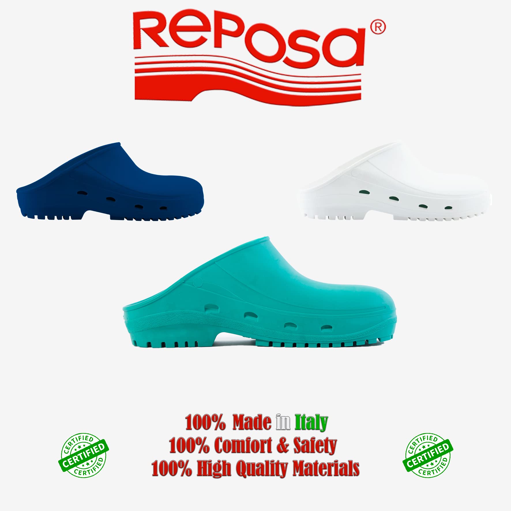 REPOSA Easy - Sabot Femme et Homme en Caoutchouc avec SRC Semelle Antidérapante, Sabot Femme Medical Infirmiere Unisex, Anatomique Sans Sangle - Sabot Femme Medical Antichoc, Stérilisable et Respirant