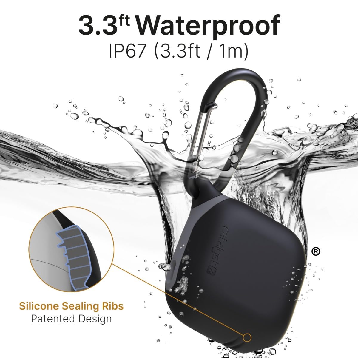 Catalyst Étui Étanche Compatible avec AirPods 4ème Génération - Imperméable, Résistant aux Chocs, aux Rayures et aux Chutes, avec Mousqueton - Noir