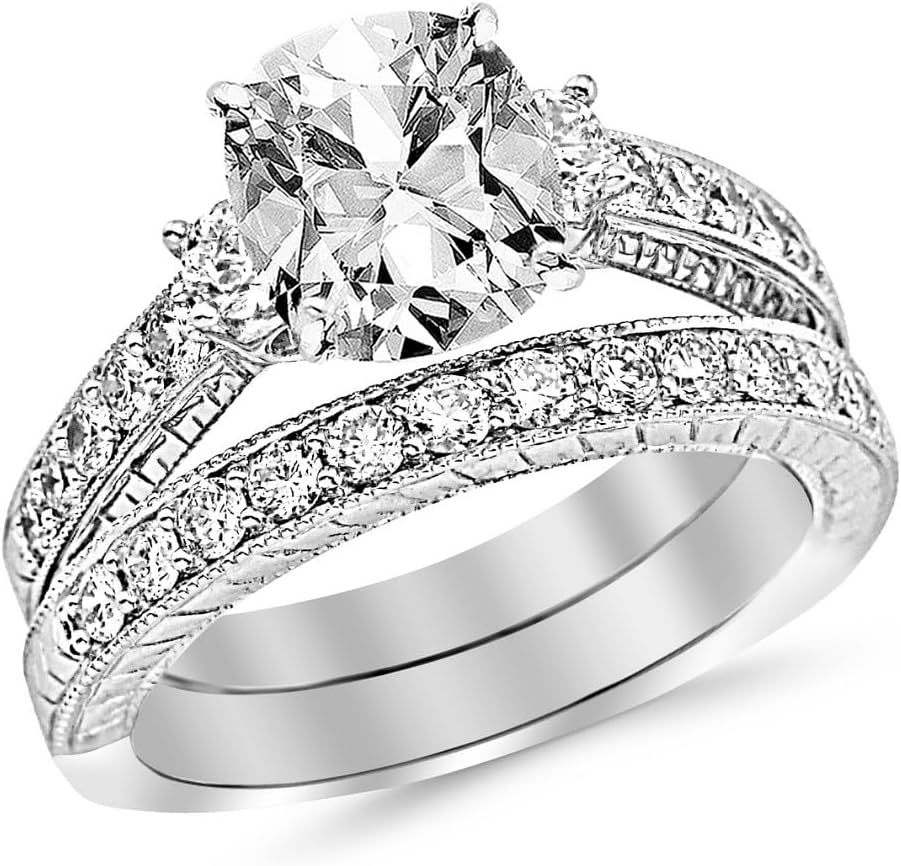 2 Ctw 14K White Gold Three Stone Vintage With Milgrain & Filigree Bridal Set with Wedding Band & GIA Certified Cushion Cut Diamond Engagement Ring (1 Ct Center I-J Color VS1-VS2 Clarity)