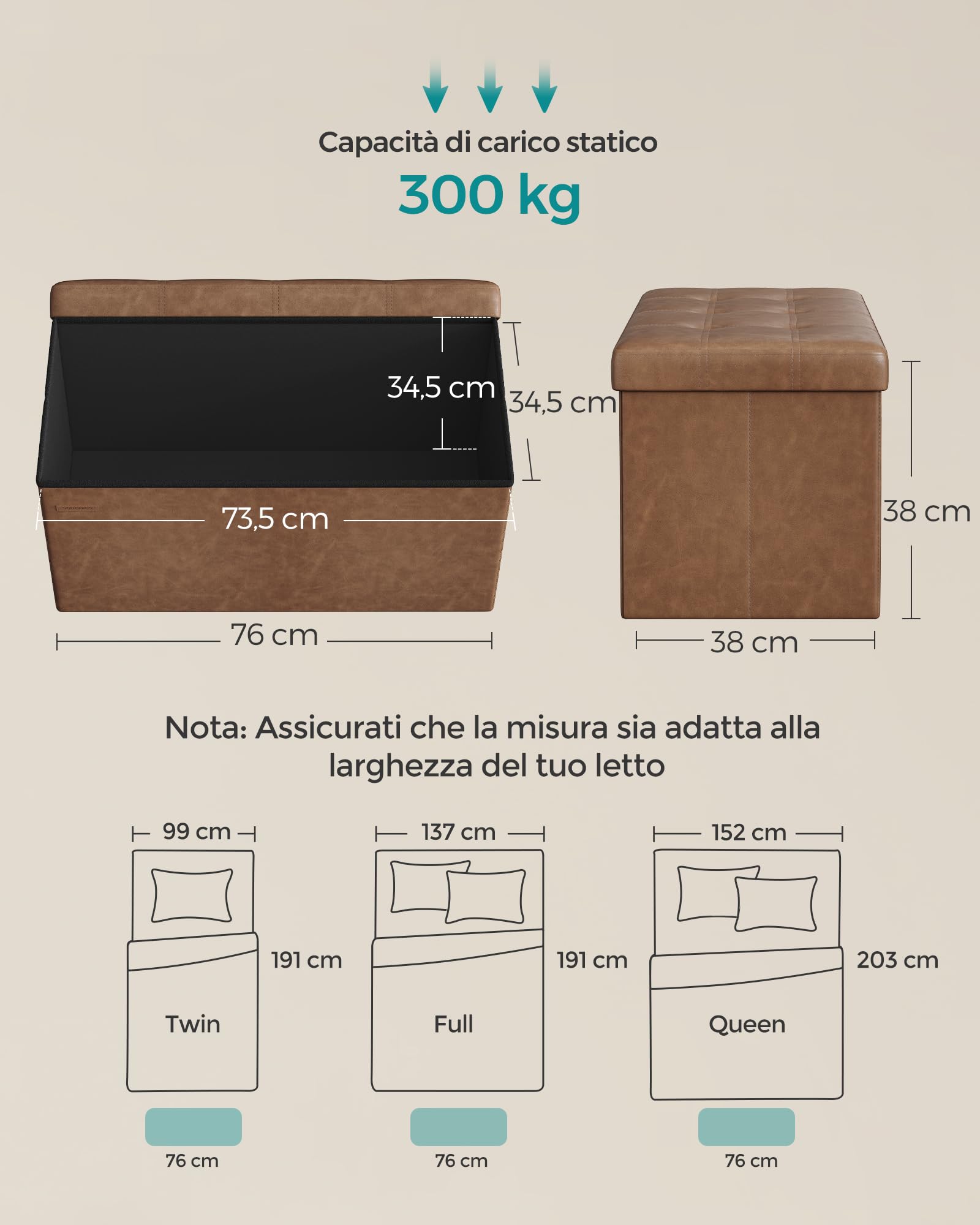SONGMICS Cassapanca, Pouf Contenitore, Poggiapiedi Pieghevole da 38 x 76 x 38 cm, Ottomano, Regge fino a 300 kg, per Soggiorno, Camera da Letto, Entrata, Marrone Caffè LSF040K11
