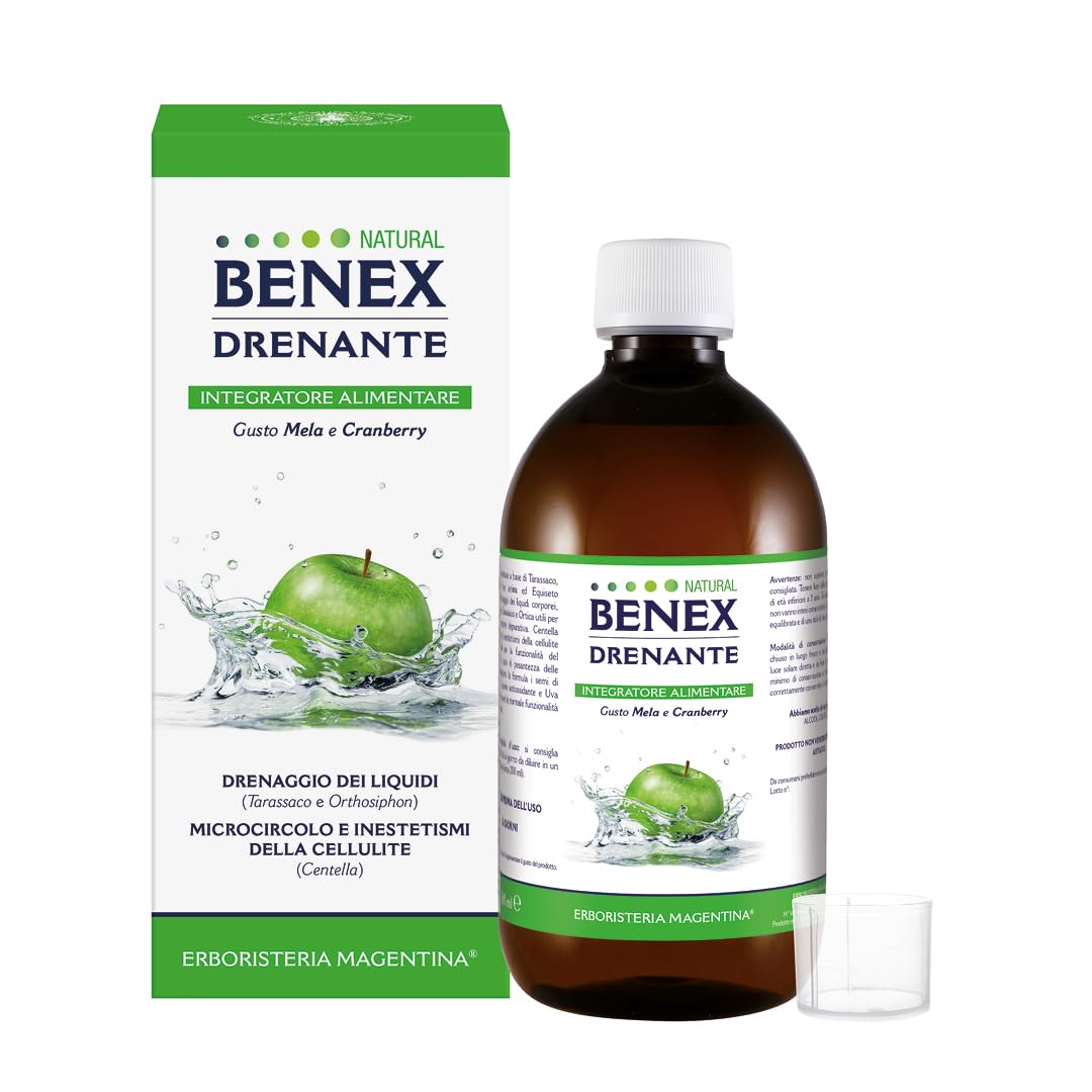 Erboristeria Magentina - Natural Benex Drenante Integratore Liquido Anticellulite e Depurativo con Tarassaco, Betulla, Centella - Gusto Mela e Cranberry - Flacone da 500ml