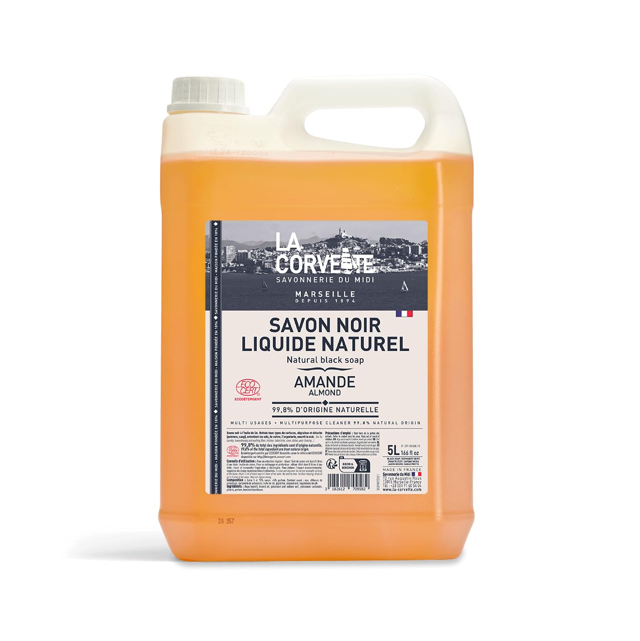 La Corvette - Savon Noir Liquide AMANDE à l'Huile de Lin - Nettoyant Multi-Usages - Dégraissant et Détachant - 5L - ECOCERT Ecodétergent