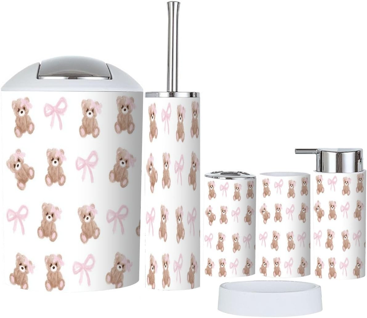 Bathroom Accessories Set 6 Pcs Coquette Bow Small Black Flat Bows Ribbons Cute Fun Simple Toothbrush Holder Cup Soap Dispenser Soap Dish Toilet Brush Holder Trash Can for Countertop Decor