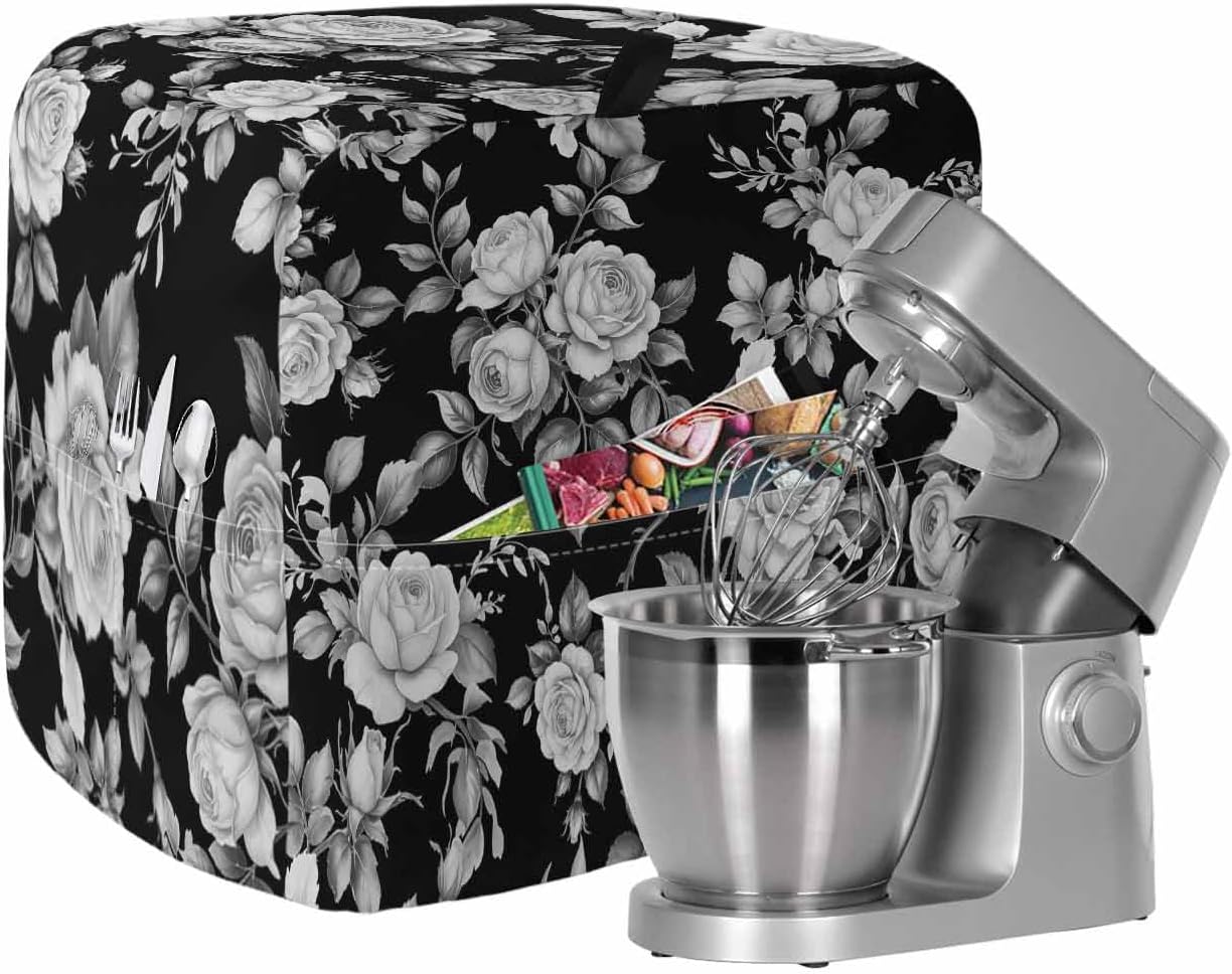 Aqua Rose Stand Mixer Cover with Storage Pocket, Waterproof Kitchen Mixer Covers, Rustic Romantic Botanical Floral Vines Art Kitchen Appliance Dust Cover Compatible with 5-8 Quart Mixers