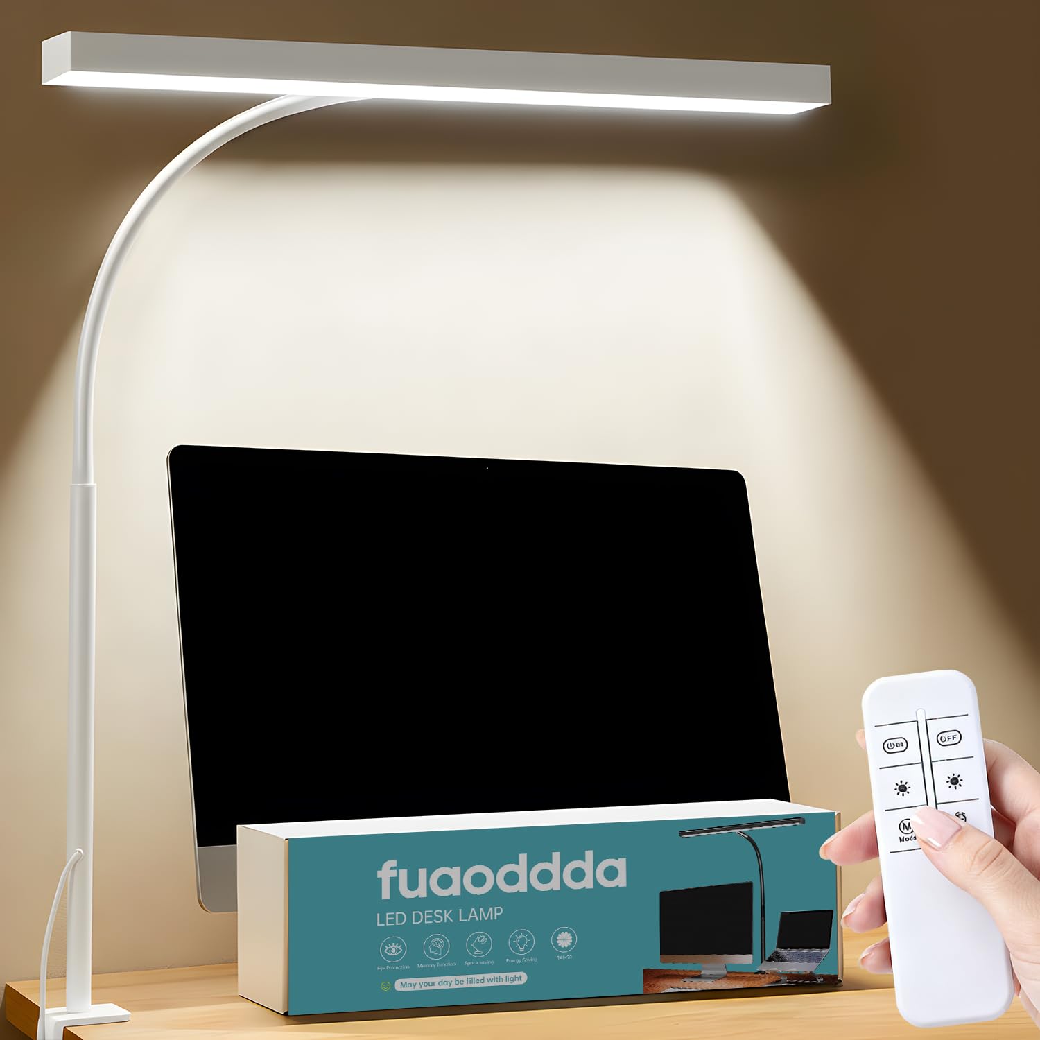 fuaoddda LED Desk Lamp for Home Office, T-Shaped Desk Light with Remote Control & Power Adapter, 5 Colour Temperatures, 10 Brightness Levels, Dimmable Office Desk Lamp for Study, Reading & Work