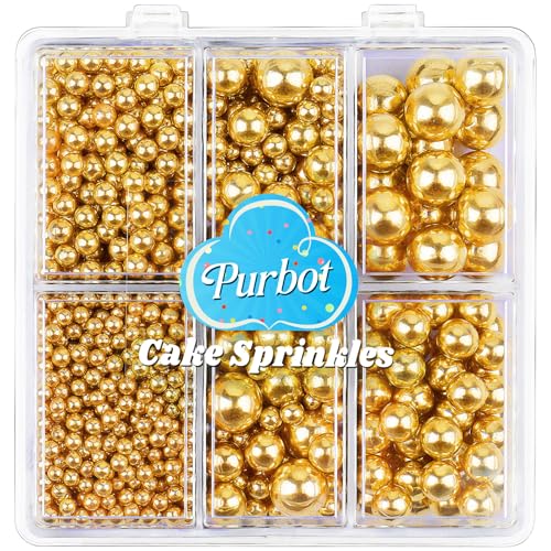 Gold Pearl Sprinkles for Cake Decorating, 4 Sizes Sugar 130g/4.6oz, Cupcake, Ice Cream, Donuts, Macaron Toppings Supplies (2mm, 4mm, 7mm, 1cm)