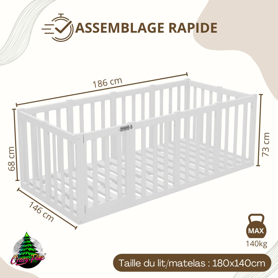 Lit Enfant 180x140 cm – Lit Montessori au Sol avec Haute Barrière 73cm et Barrière Amovible - Bois Blanc avec Surface Lisse - Parfait pour Garçons et Filles Crazy Johnny
