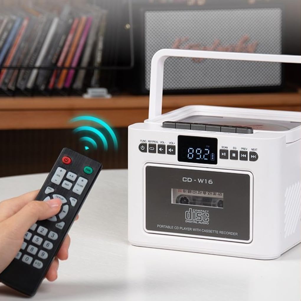 Lettore CD con altoparlante Bluetooth bidirezionale, suono HIFI, schede TF, modalità unità USB, batteria a lunga durata, ABS, bianco, Ha la funzione nastro