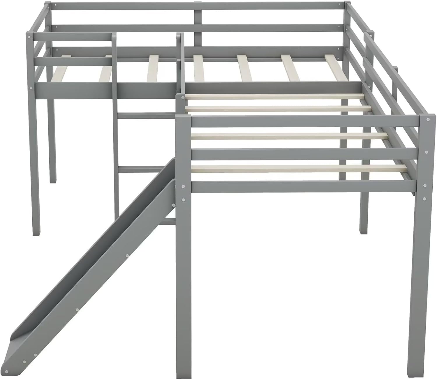 Merax Twin Size Double Loft Bed with Slide and Ladder, Wooden L-Shaped Bed Frame with Full-Length Guardrail, Wood Bedframe for Kids Teens Adults Bedroom, 2 Twin Beds, Grey