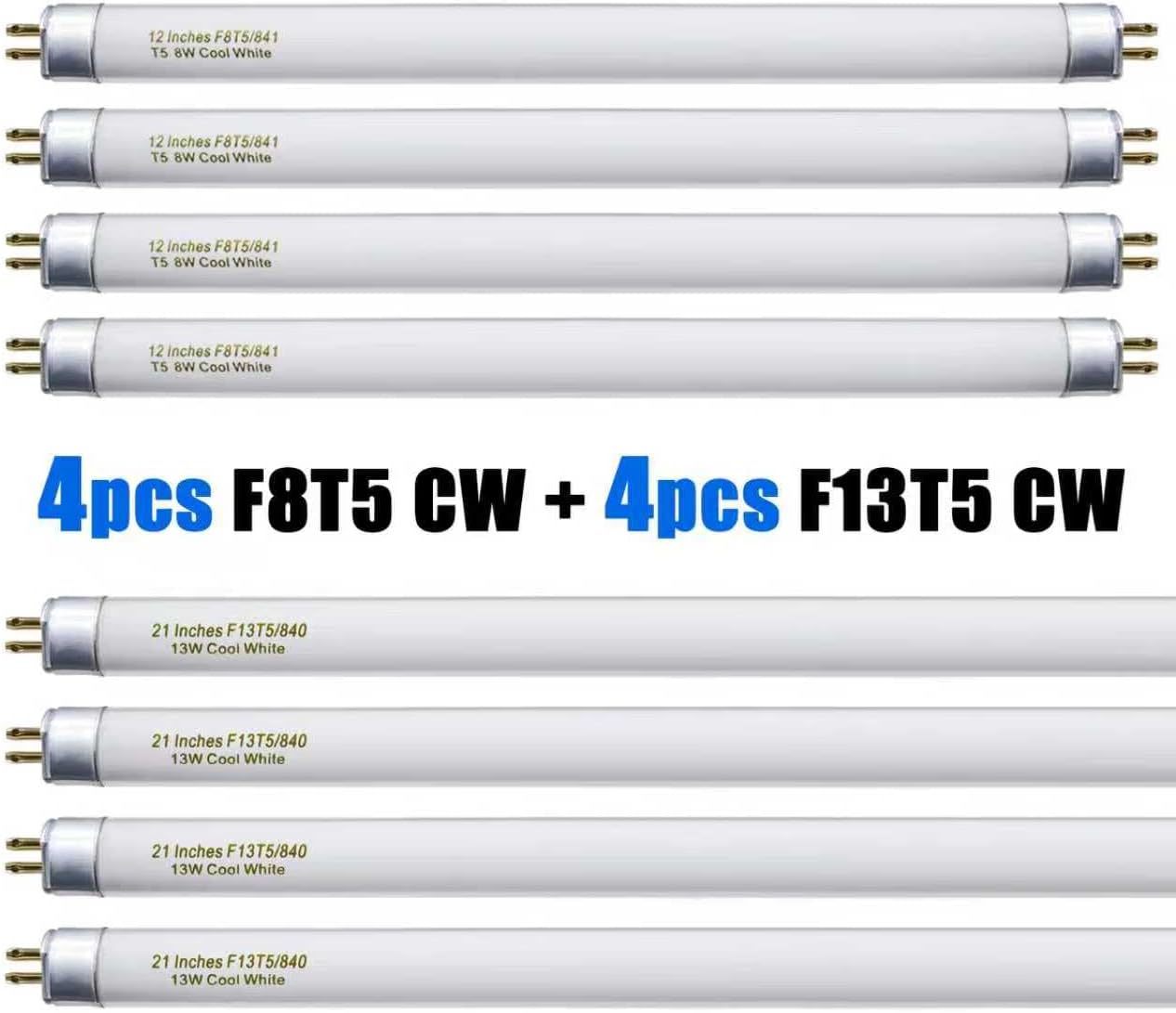Konideke (4 Set) F8T5/CW 8 Watt and F13T5/CW 13 Watt, T5 12 Inches 8W and 21 Inches 13W Under Counter Fluorescent Light Bulbs, Cool White 4100K G5 Cap