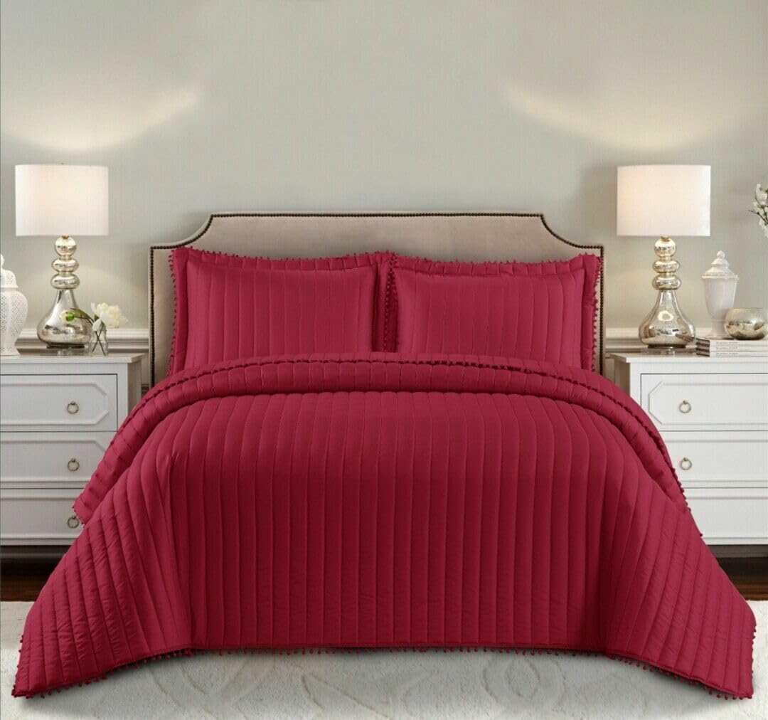 Stylish Home London Pom Pom Quilted Bedspreads Super King, Soft Microfiber Lightweight Quilted Bedspreads Coverlet All Season Bedding Set