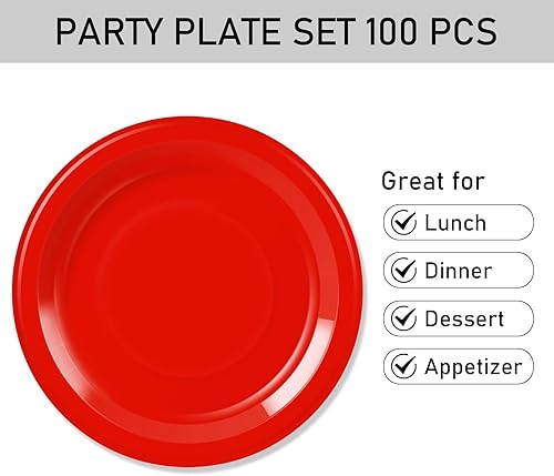 Miniatura 6 de Birthdayparties Platos redondos desechables de papel rojo, platos de papel de cena de 50 x 9 pulgadas y platos de papel de postre de 50 x 7
